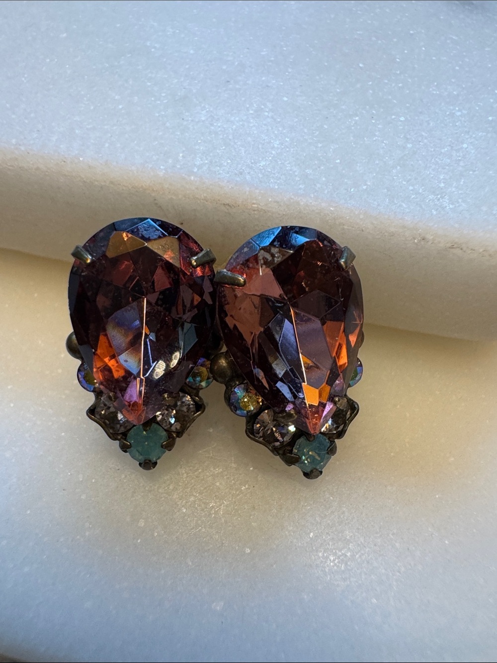Sorrelli Amethyst Teardrop Crystal Earrings w/teal stone - Statement Jewelry